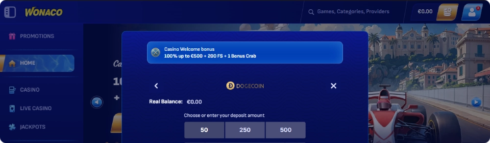 capture d'écran dépôt dogecoin Wonaco