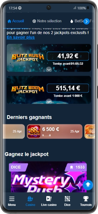 Interface de Blitz casino sur mobile