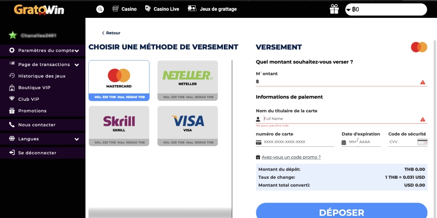 capture d'écran dépôt gratowin casino