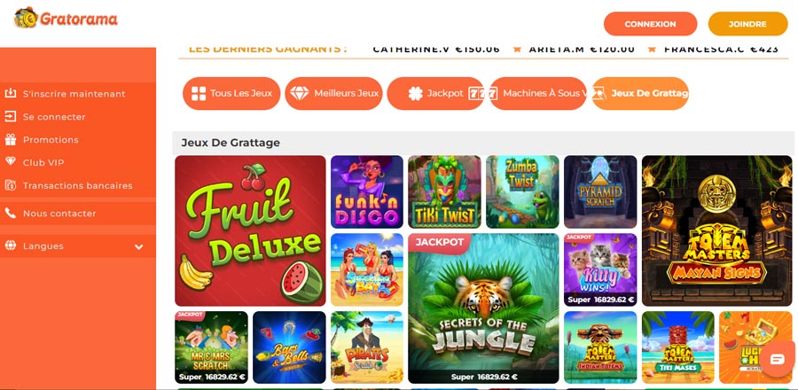 capture d'écran jeux de grattage gratorama casino