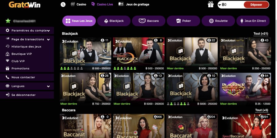 capture d'écran live casino gratowin casino
