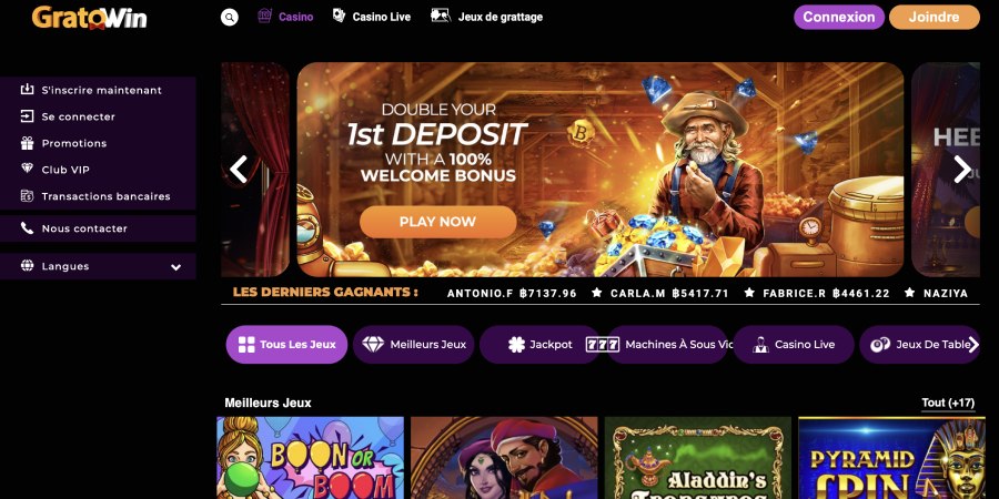 capture d'écran page d'accueil gratowin casino