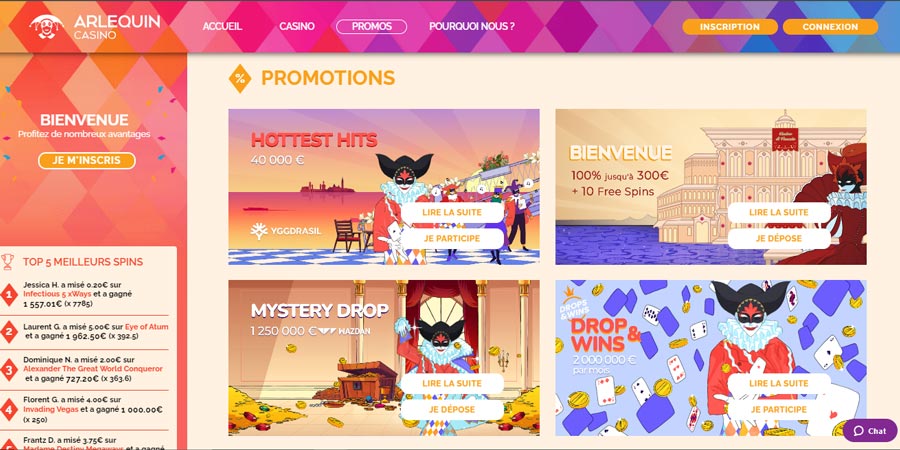 capture d'écran promotions arlequin casino
