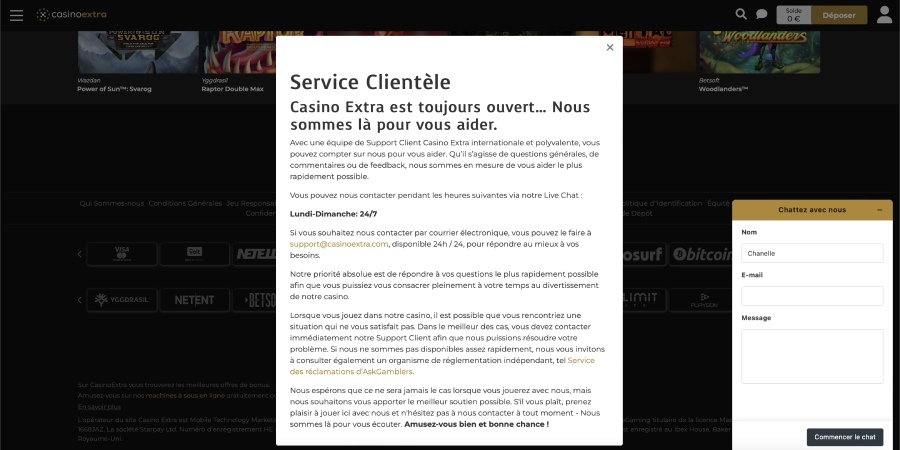 capture d'écran support client casino extra