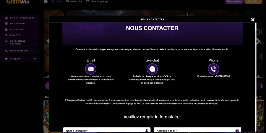 capture d'écran support client gratowin casino