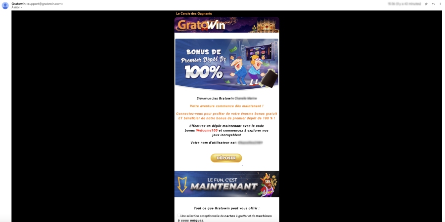 capture d'écran validation mail gratowin casino
