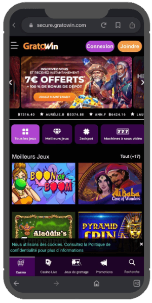 capture d'écran version mobile gratowin casino
