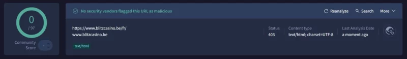 Test avec Virus Total sur Blitz Casino
