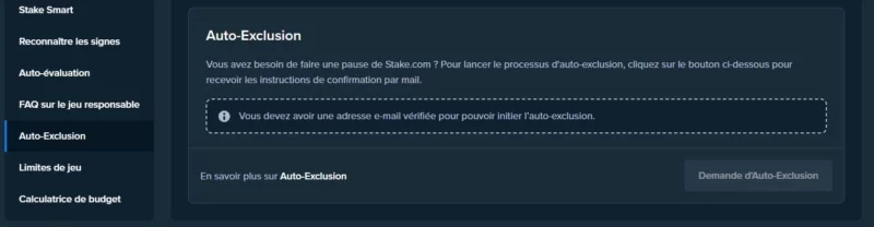 Auto-exclusion sur Stake Casino en ligne