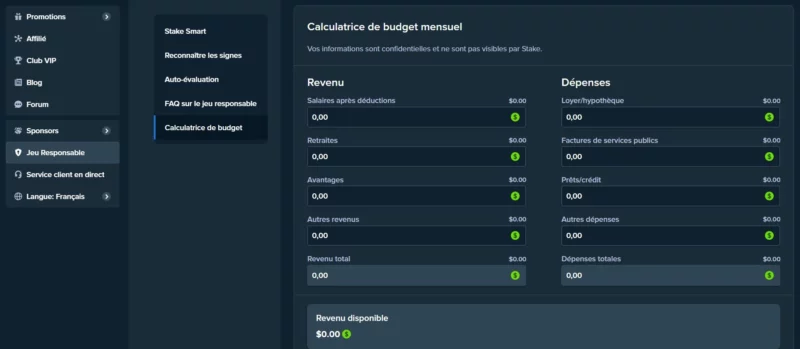 Possibilité de gérer son budget de jeu sur Stake Casino en ligne
