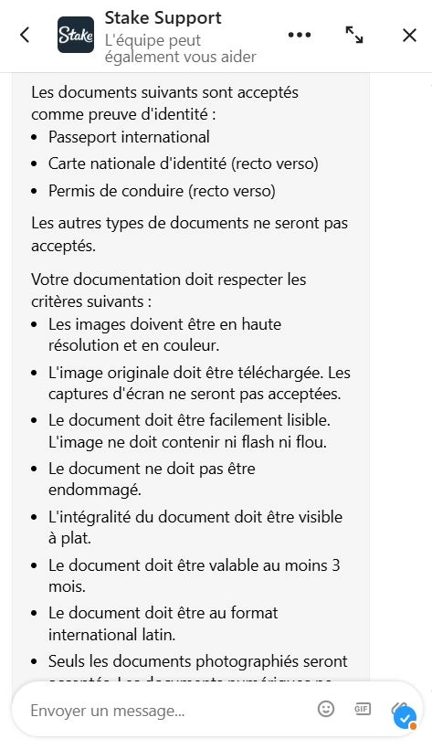 Capture d'écran d'un chat avec le service client de Stake Casino en ligne