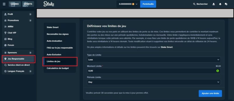 Page jeu responsable sur le site de Stake Casino en ligne