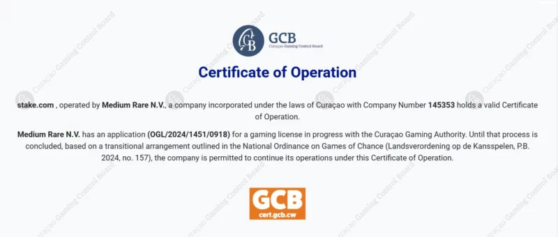 Certification licence du casino en ligne Stake