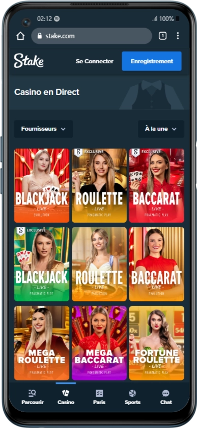 Interface de Stake Casino sur mobile OnePlus Nord 2