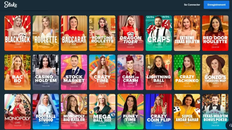 Pages des jeux en direct sur Stake casino en ligne