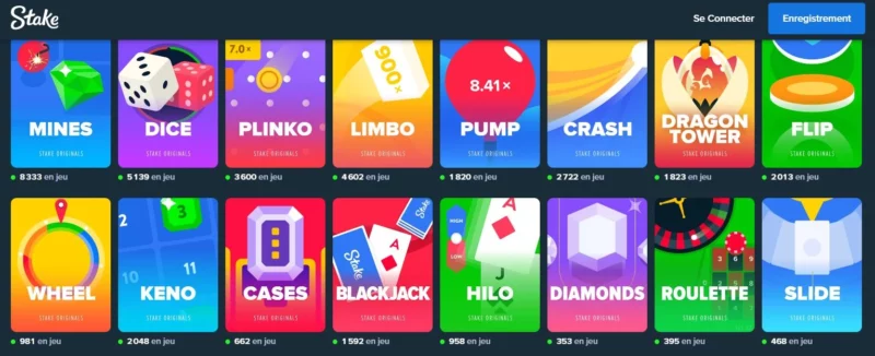 Page des mini-jeux sur Stake Casino en ligne