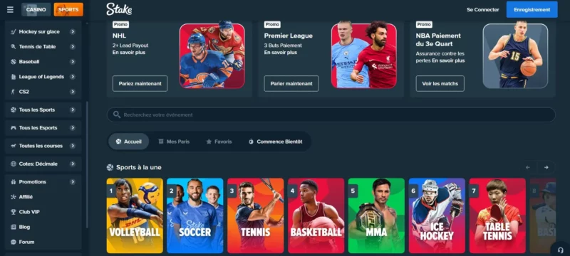Page des paris sportifs sur Stake Casino en ligne