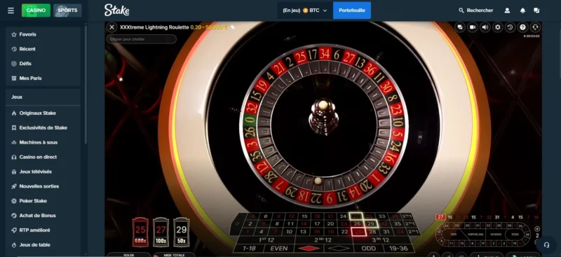 Écran de jeu XXXtreme Lightning Roulette sur Stake Casino en ligne