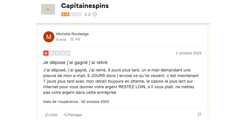 capture d'écran avis captain spins casino