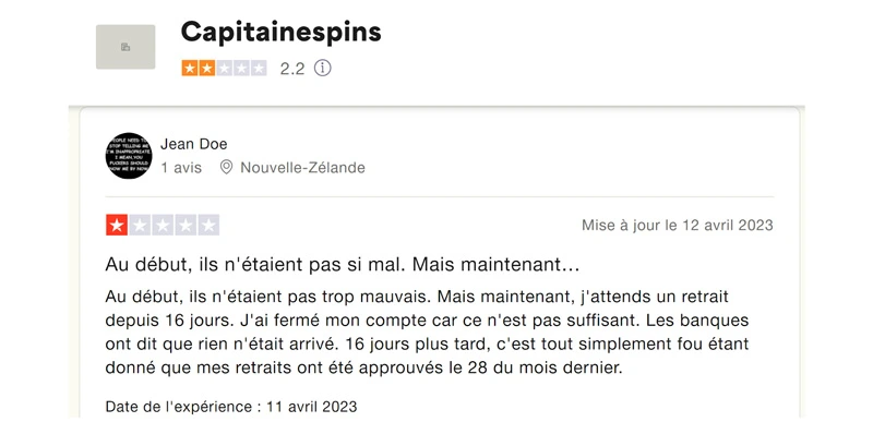 capture d'écran avis jean captain spins casino