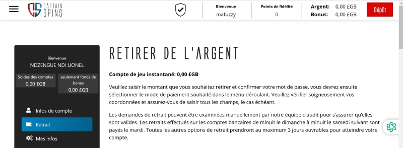 capture d'écran retrait captain spins casino