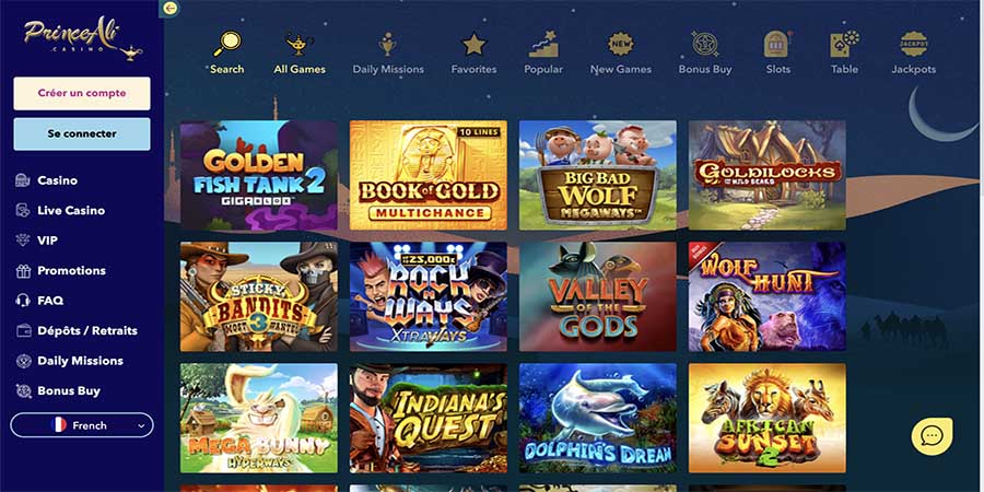 Prince Ali Casino Interface des jeux