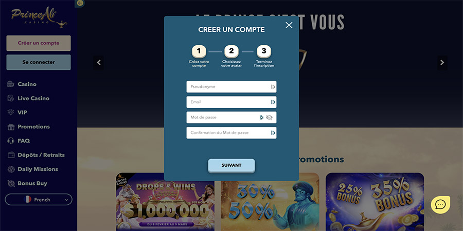 Prince Ali Casino Interface d'inscription