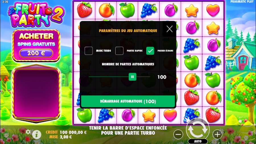 paramètres du jeu automatique fruit party 2