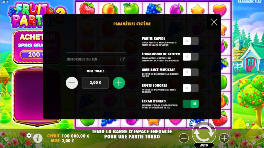 paramètres système fruit party 2