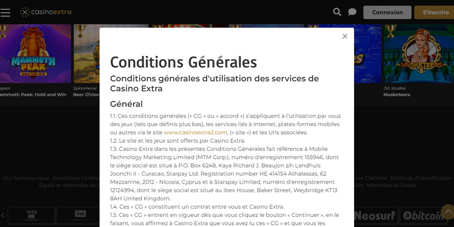 capture d'écran termes conditions casinoextra