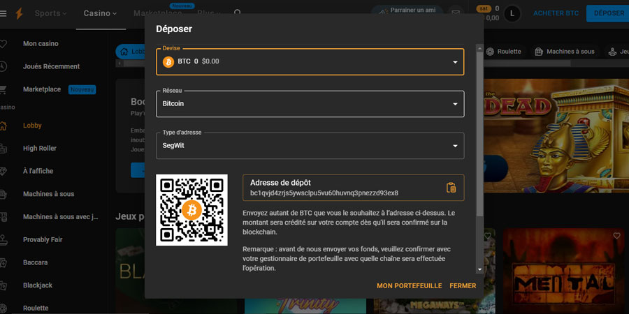 capture d'écran dépôt cloubet casino