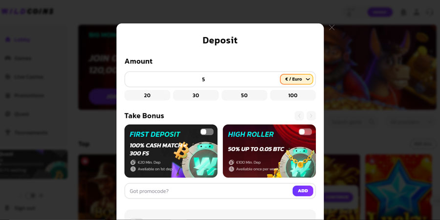 capture d'écran dépôt wildcoins.io