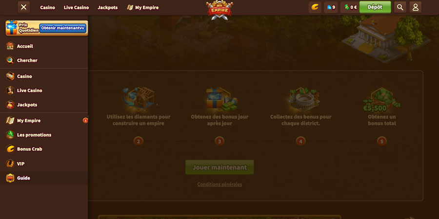 capture d'écran menu guide my empire casino