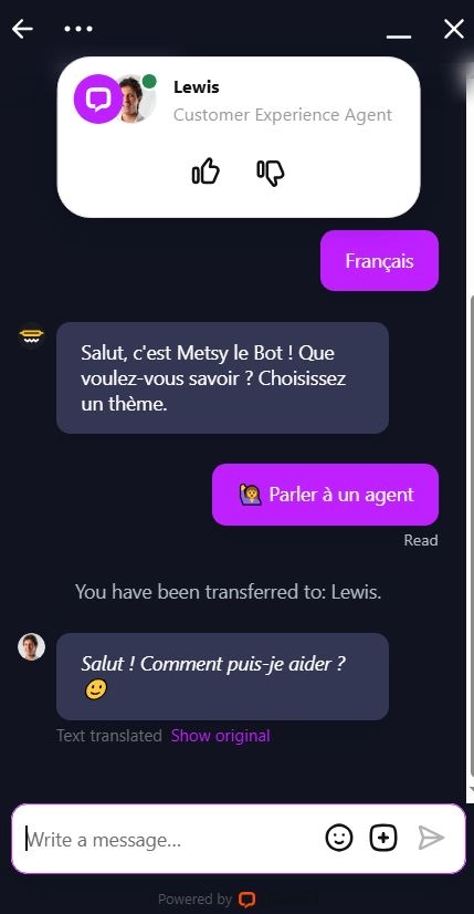 Capture d'écran d'un chat avec le service client de Metaspins Casino