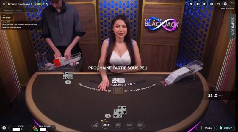Écran de jeu sur Infinite Blackjack sur Metaspins Casino