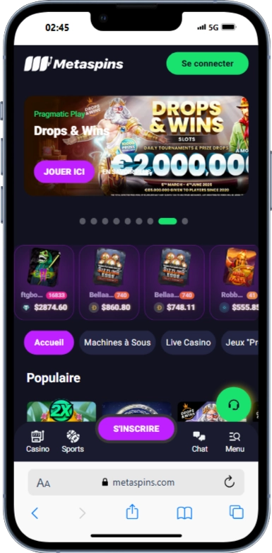 Interface Metaspins Casino sur mobile iPhone 13