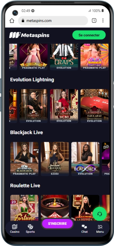 Interface Metaspins Casino sur mobile OnePlus Nord 2