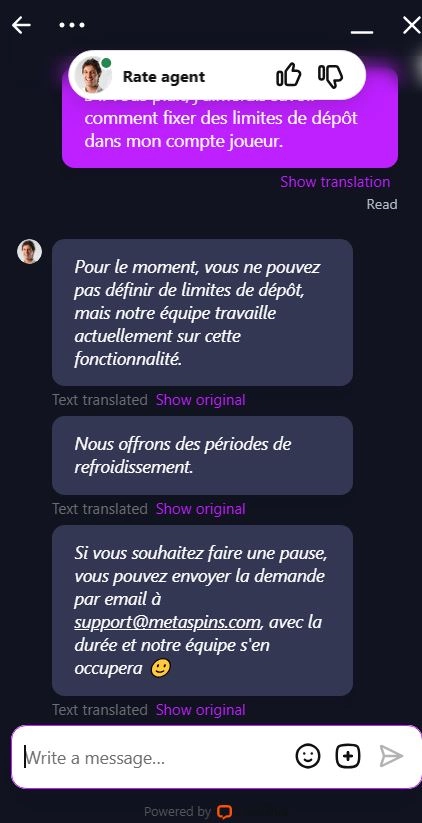 Chat sur le jeu responsable avec le service client de Metaspins Casino 