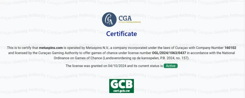 Certification licence pour Metaspins Casino en ligne. 