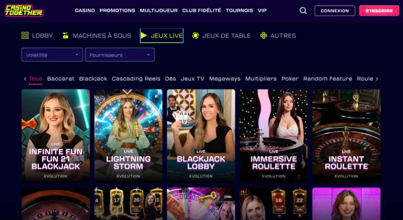 Page jeux live sur Casino Together