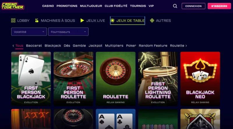Page jeux de table sur Casino Together