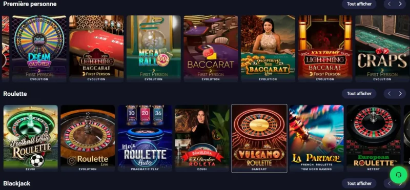 Page des jeux de table sur Metaspins Casino en ligne