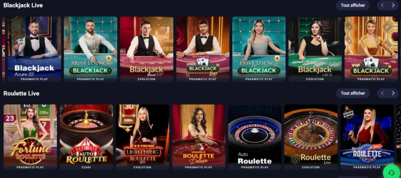 Page des jeux en direct sur Metaspins Casino en ligne