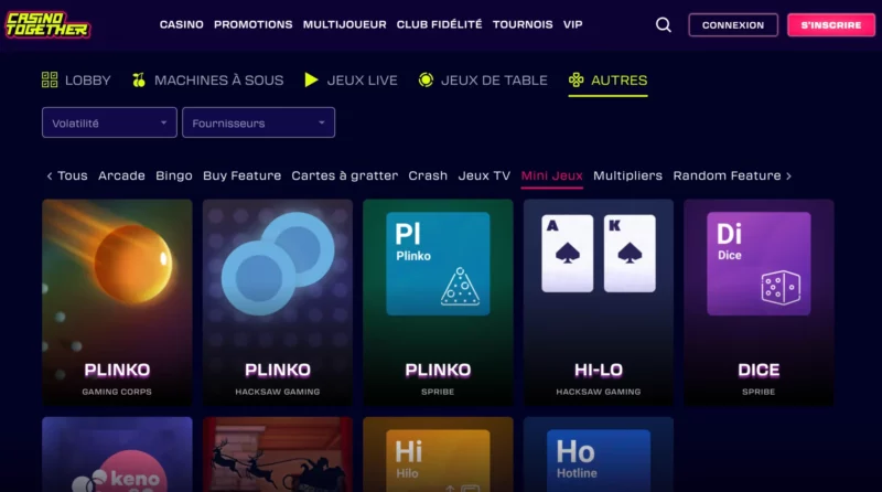 Page mini-jeux sur Casino Together
