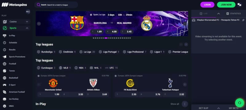 Page des paris sportifs sur Metaspins Casino en ligne