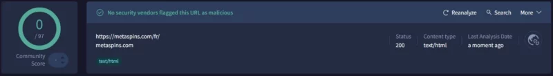 Test avec Virus Total sur Metaspins casino. 