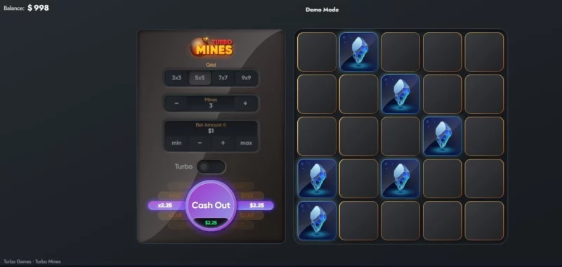 Écran de jeu Turbo Mines sur Metaspins Casino. 