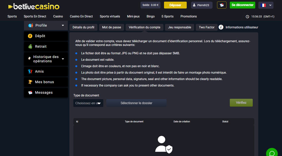 capture d'écran verification compte betlive casino etape2