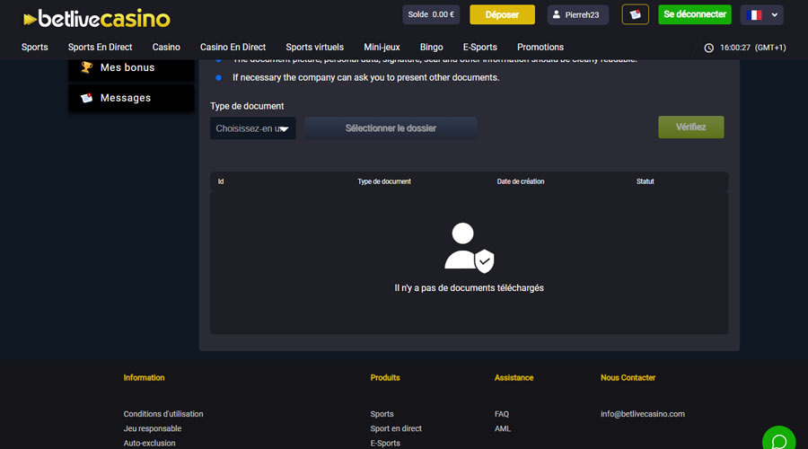 capture d'écran verification compte betlive casino etape3