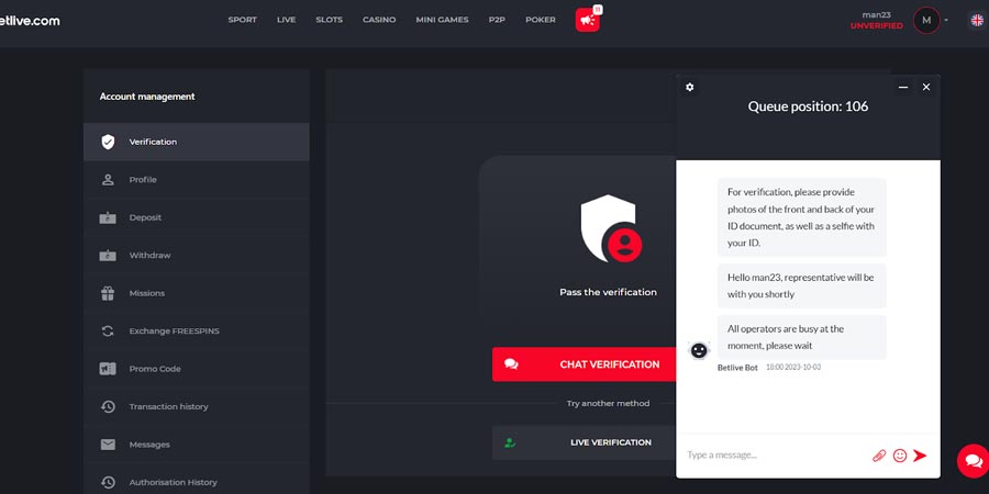 capture decran verification compte betlive casino